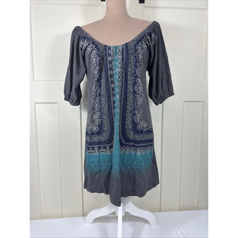 Y2K Women's L Peasant Off Shoulder Top Hippie Boho‎ Earthy Gray Turquoise Long
